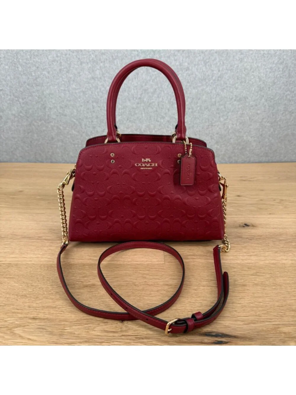 Coach Mini Lillie Carryall Satchel Bag Purse Cherry Red Embossed Leather C7278